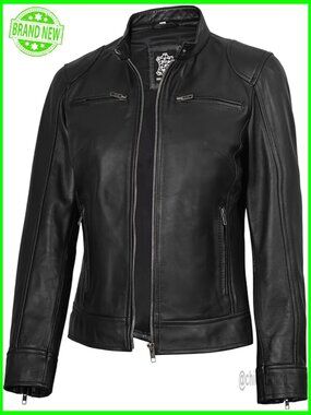 Lambskin Leather Cafe Racer Jacket, Zipper Closure, Adjustable Fit